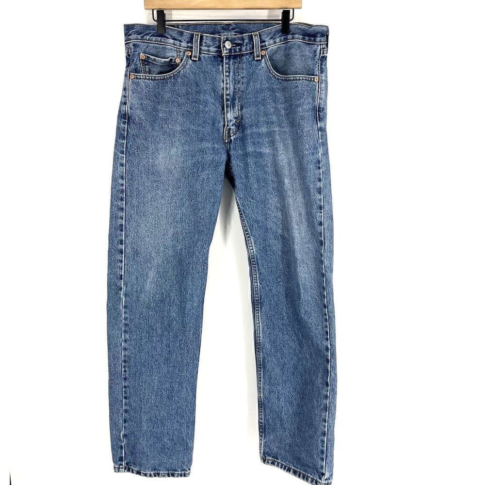 Levis 505 Jeans 36x32 Mens Faded Blue Distressed Denim Straight Leg Cotton